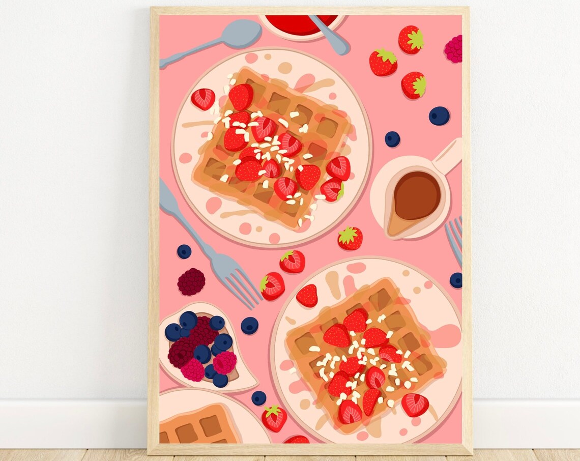 Waffles with Strawberries Breakfast Art Print on Pink Background