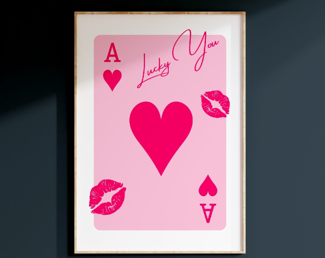 Lucky You Pink Ace Of Hearts Poster Lipstick Kiss Preppy Aesthetic - Image 3