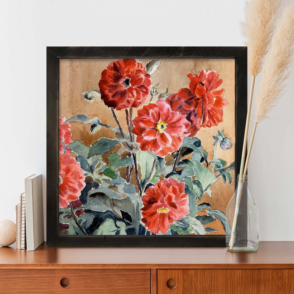 Red Mums Watercolor Botanical Wall Art Poster - Image 4