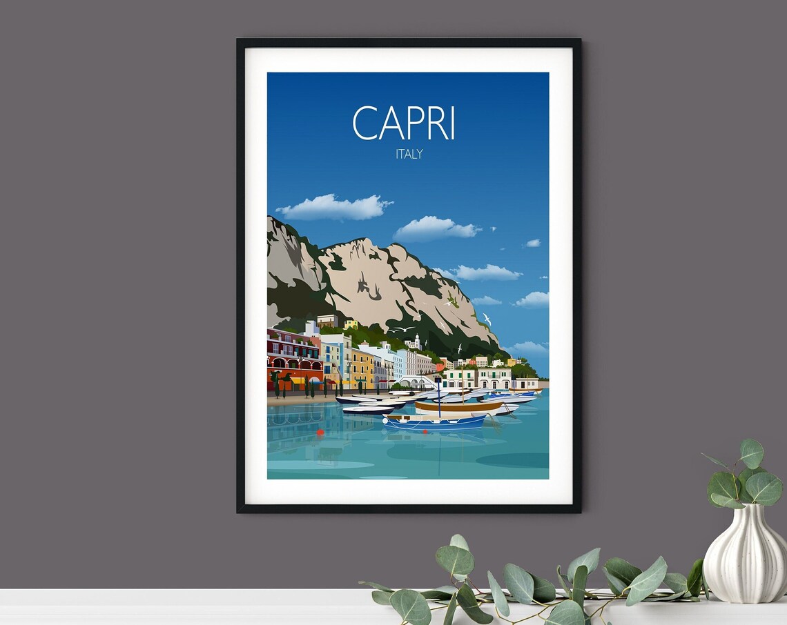 Capri Italy Harbor Travel Poster of Boats Cliffs and Waterfront - Image 3