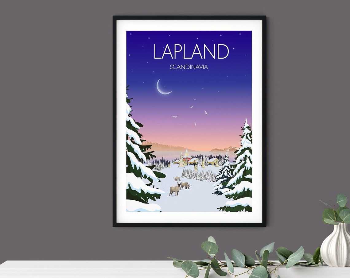 Lapland Scandinavia Snowy Village Reindeer Moonlight Art Poster - Image 5