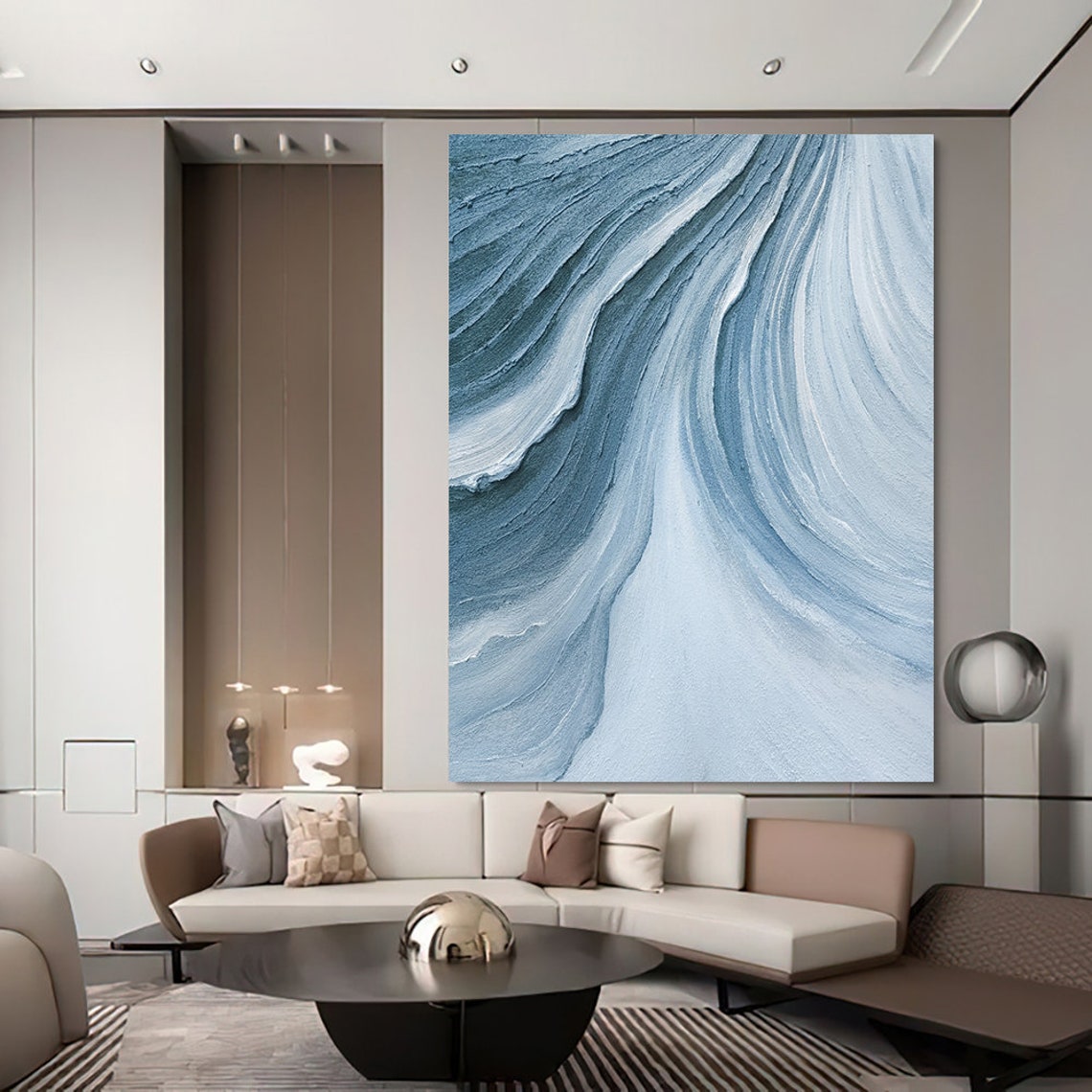 Time River Blue Wavy Abstract 3D Textured Canvas Modern Wall Art - Image 3