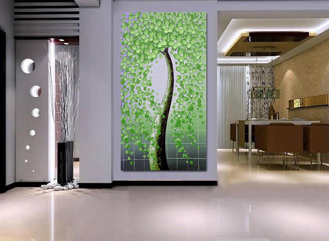Whimsical Green Leaf Tree Modern Palette Knife Living Room Poster - Image 3