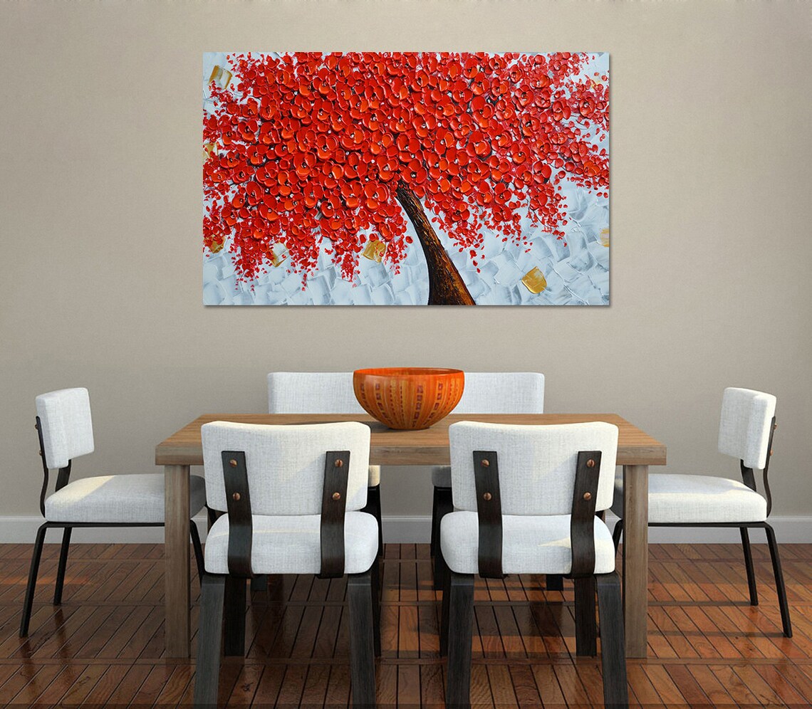 Fiery Red Blossom Tree on Pale Blue Palette Knife Floral Poster - Image 2