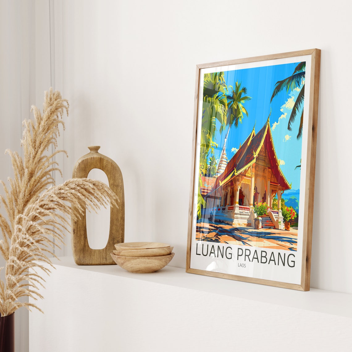 Luang Prabang Laos Golden Temple Palm Trees Travel Art Poster - Image 2