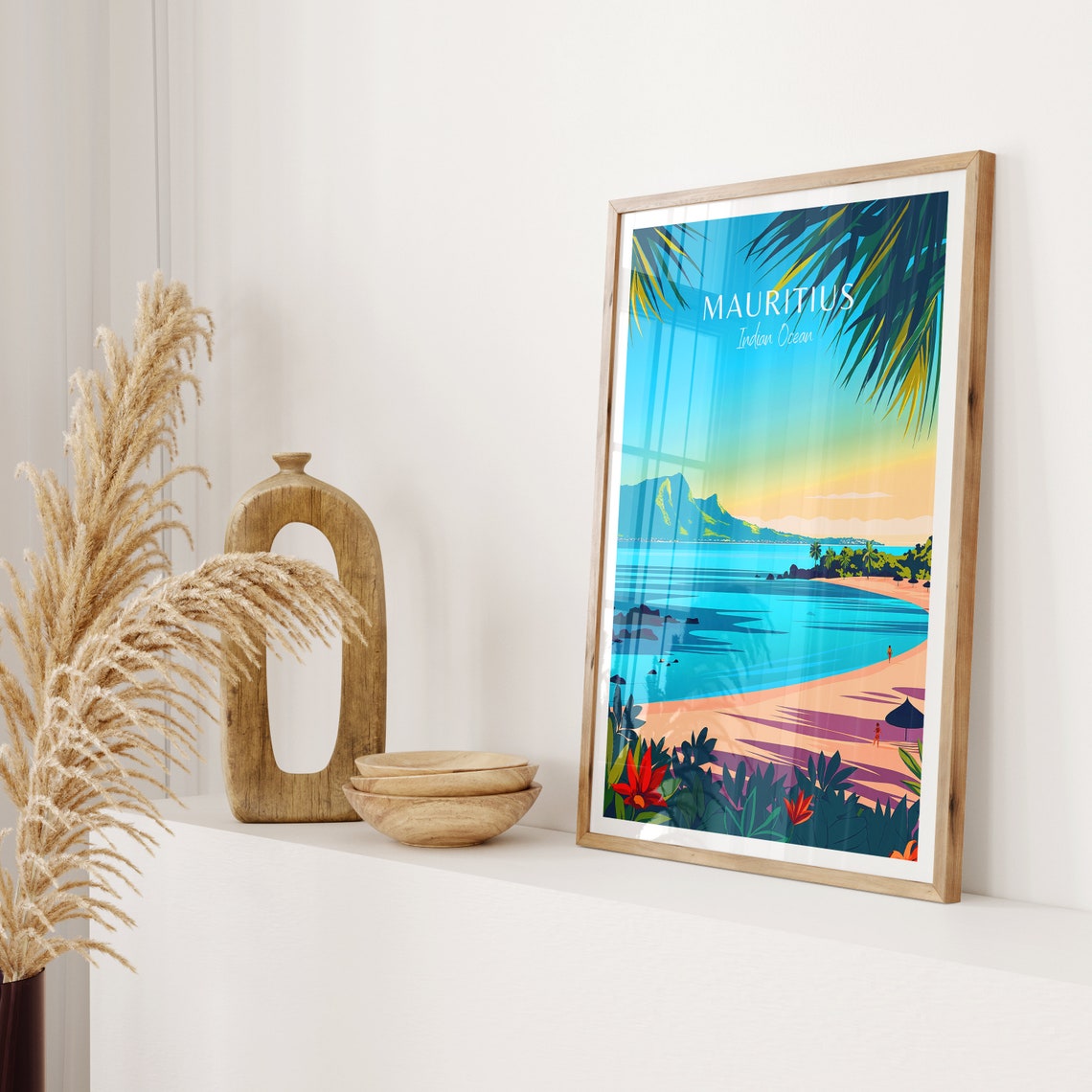 Mauritius Indian Ocean Beach Mountain Cove Sunset Travel Poster - Image 2