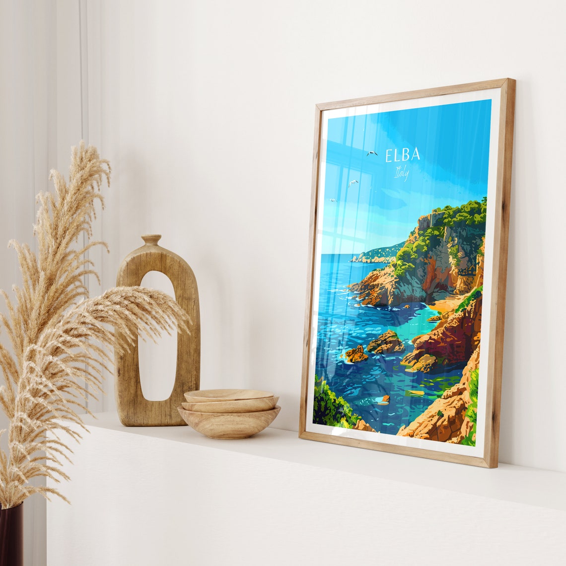 Elba Italy Rocky Coastline Turquoise Sea Seagulls View Poster - Image 2