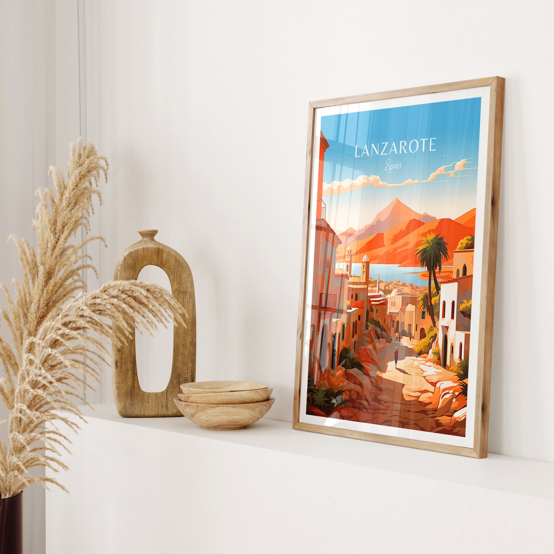 Lanzarote Spain Charming Old Town Street with Volcano Poster - Image 2