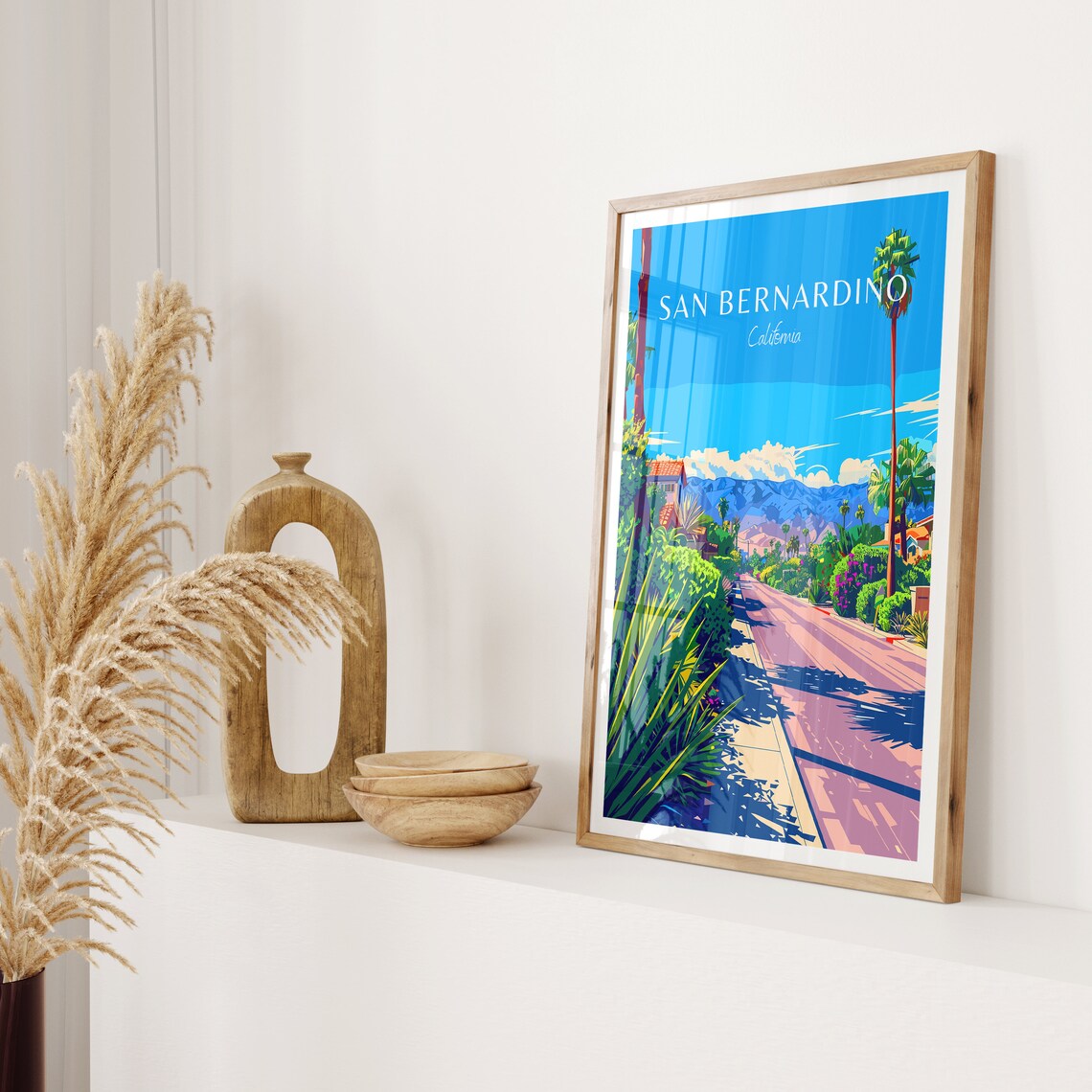 San Bernardino California Travel Poster Palm Lined Street Mountains - Image 2