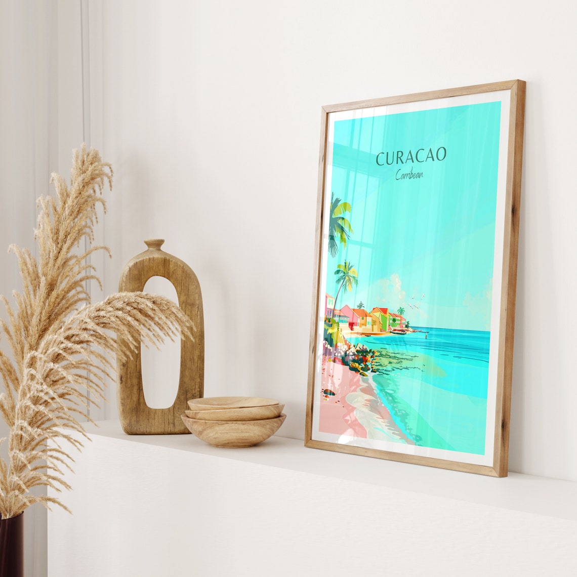 Curacao Caribbean Palm Beach Pastel Cottages Turquoise Sea Poster - Image 2