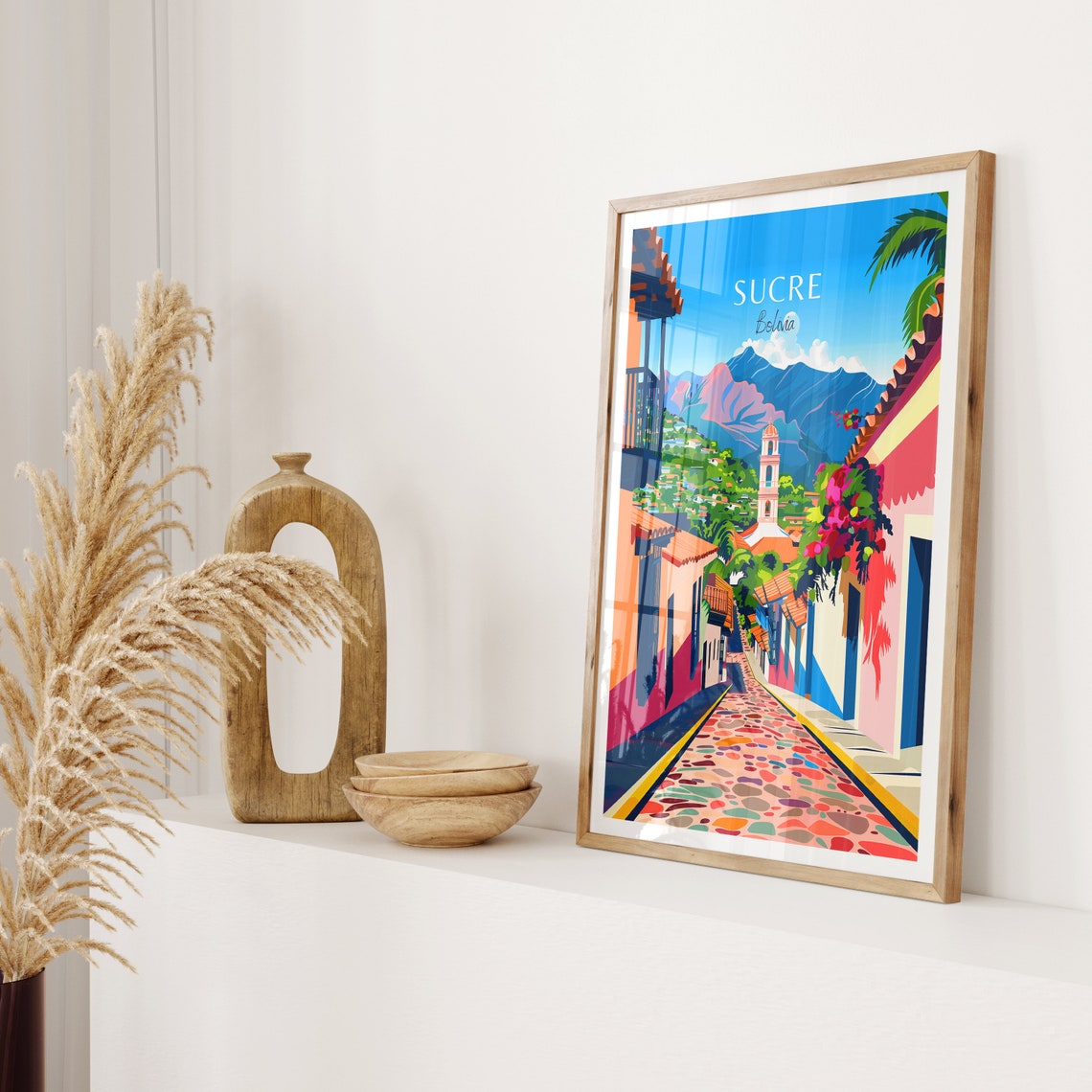 Sucre Bolivia Colonial Cobblestone Street with Mountain View Poster - Image 2
