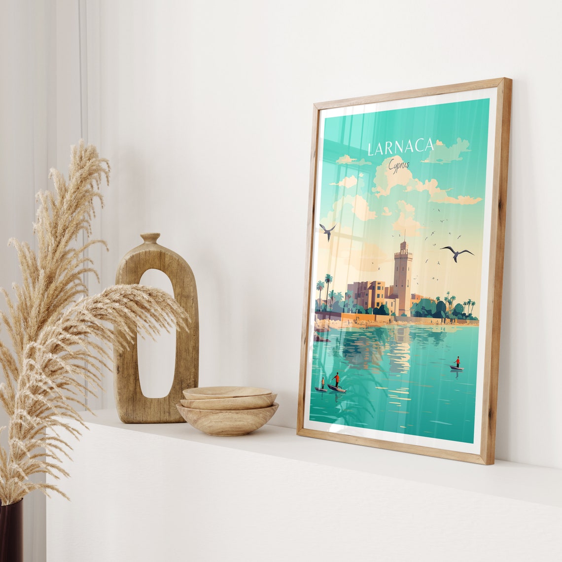 Larnaca Cyprus Castle Coast Seagulls Paddleboarders Sea Poster - Image 2