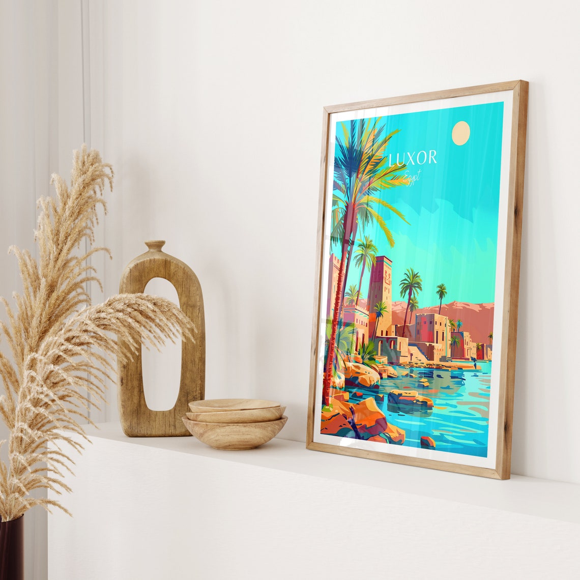 Luxor Egypt Nile Riverside Palm Trees Temple Travel Art Poster - Image 2
