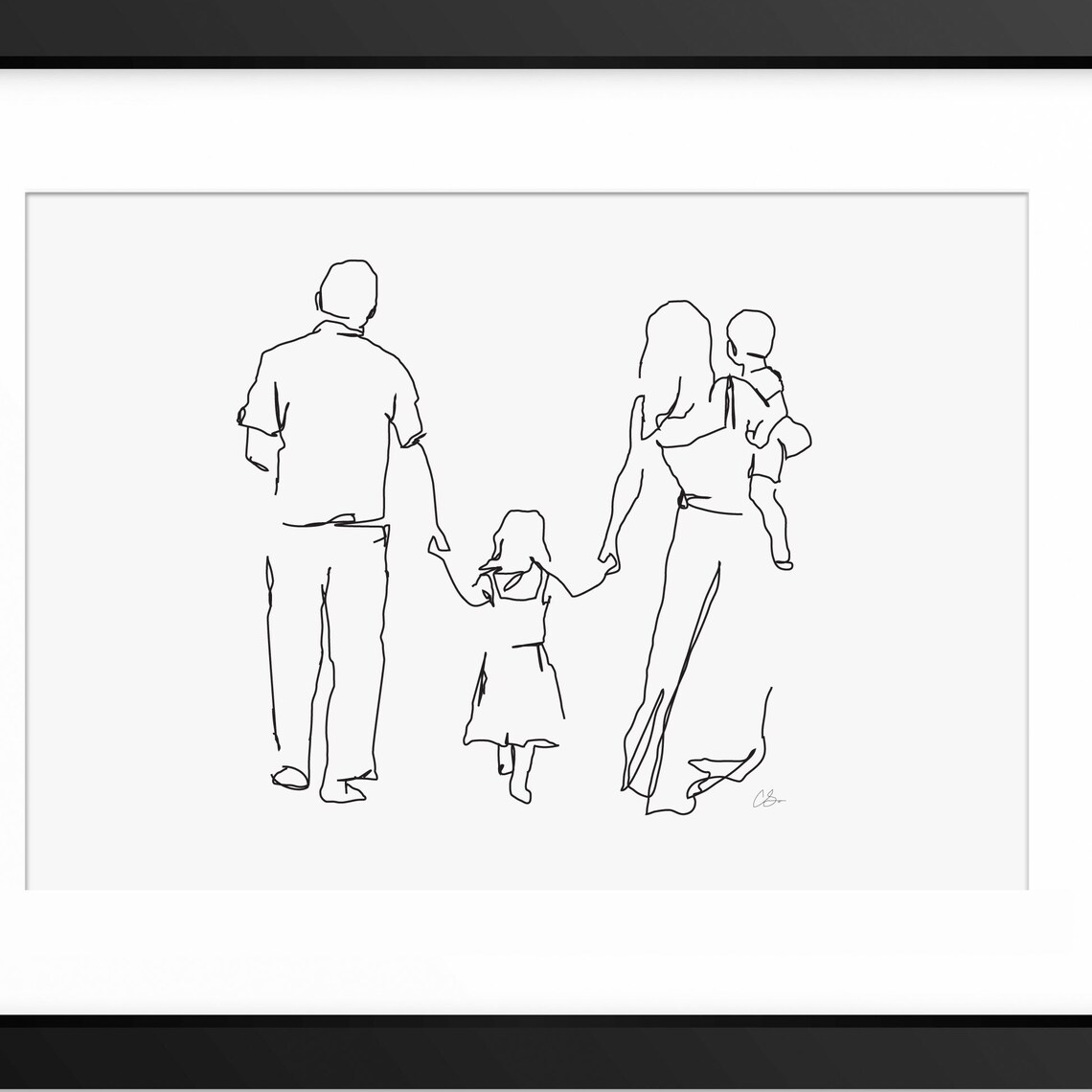 Family of Four Walking Away Hand in Hand Minimalist Line Art Poster