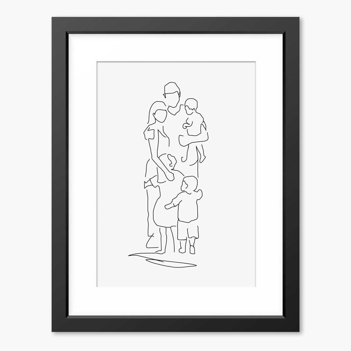 Family of Five in a Warm Embrace Beautiful Minimalist Line Art Poster