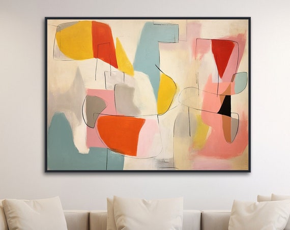 Large Minimal Pastel Painting Modern Abstract Wall Art Framed Print Beige Blue Pink Yellow Color Ballet 1