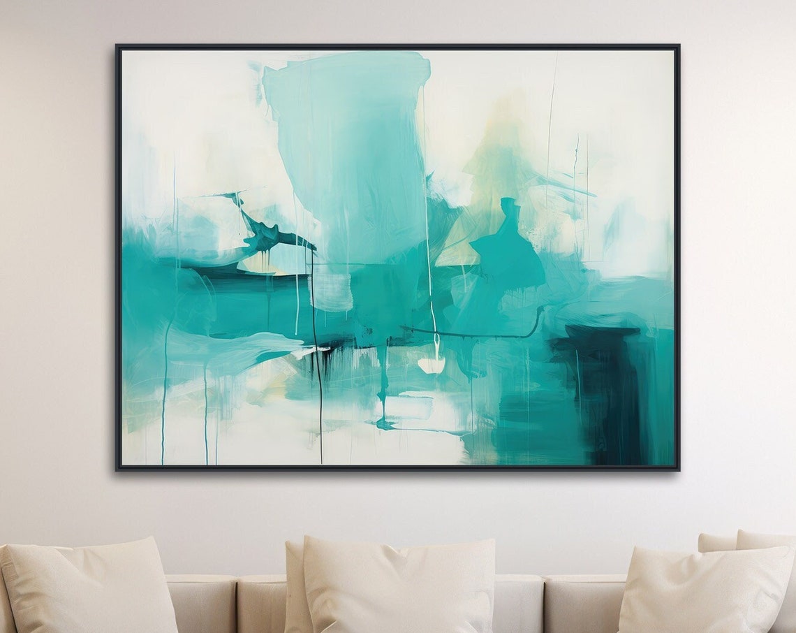 Teal White Abstract Landscape Soft Minimal Modern Coastal Wall Art