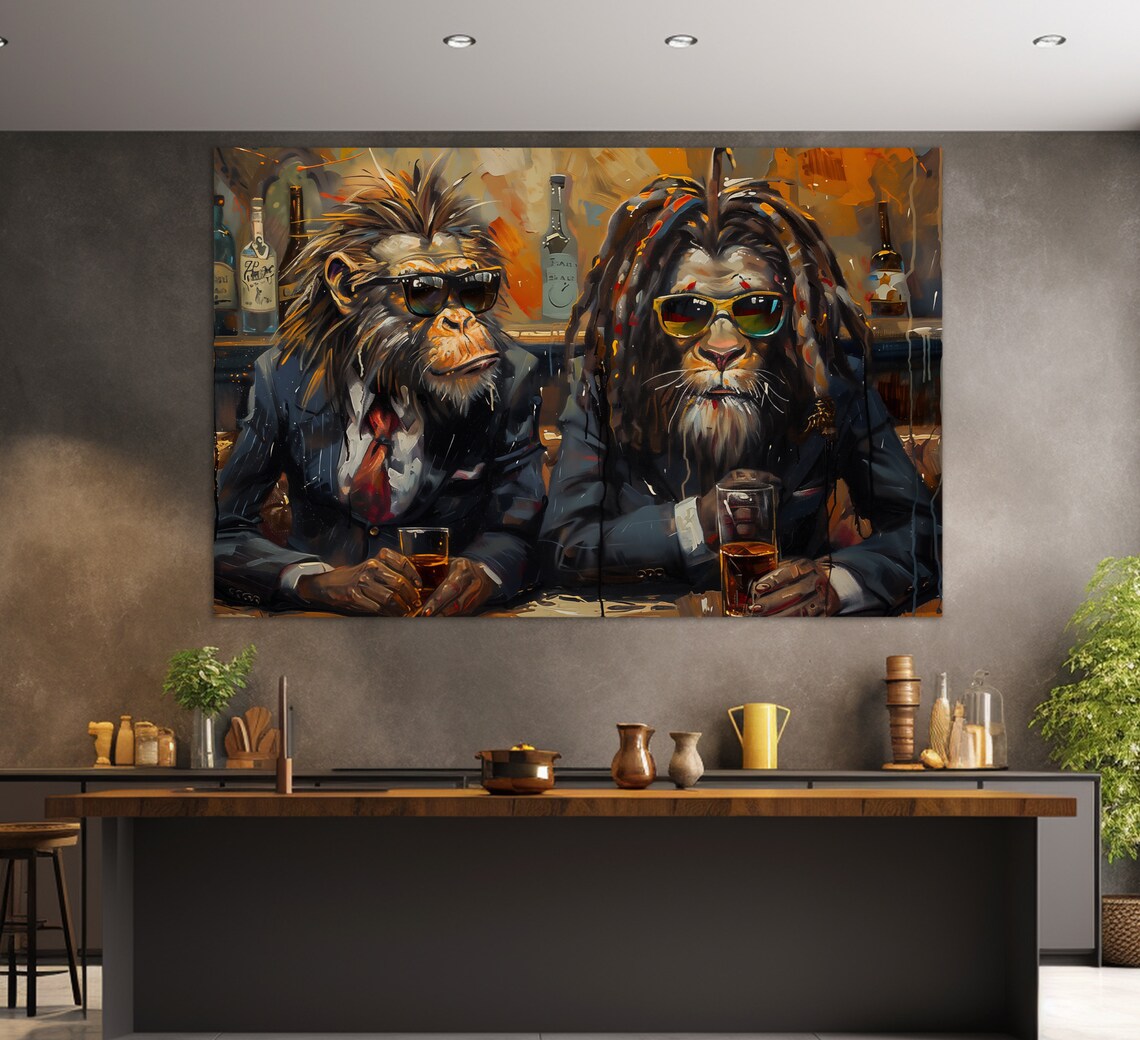 Lion and Monkey in Sunglasses Drinking Beer Funny Animals Painting Poster - Image 3