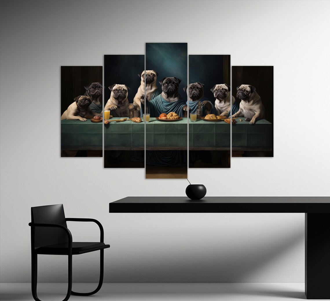 Dogs Having Dinner, Pugs Kitchen Wall Art Print - Image 3