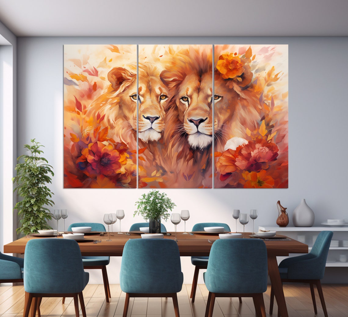 Two Male Lions Watercolor Portrait Orange Floral King Jungle Wall Art - Image 2