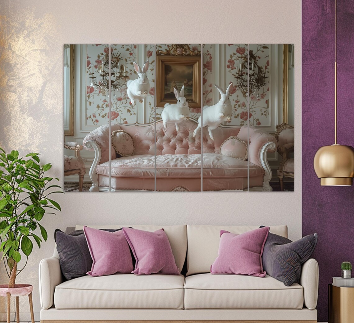 Cute Rabbits Jumping on Sofa, Nursery Wall Art Print - Image 2