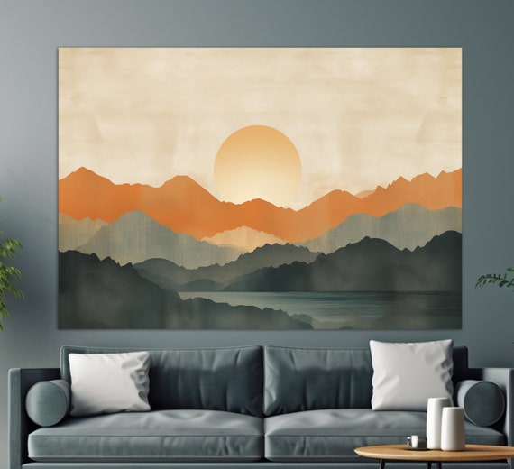Mid Century Modern Wall Art Boho Sunset Over Mountains Painting Minimalist Print Pastel Tones Minimalist Wall Decor Boho Art