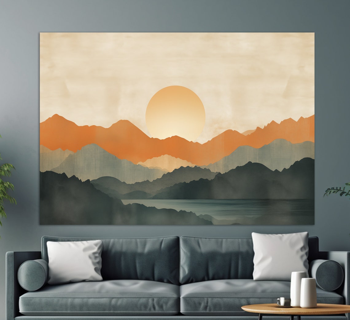 Mid Century Modern Wall Art Boho Sunset Over Mountains Painting Minimalist Print Pastel Tones Minimalist Wall Decor Boho Art