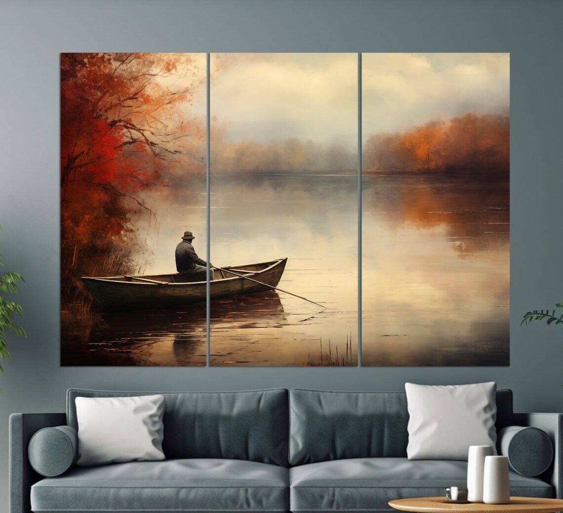 Lone Fisherman in Rowboat on Misty Autumn Lake Fishing Painting Poster - Image 2