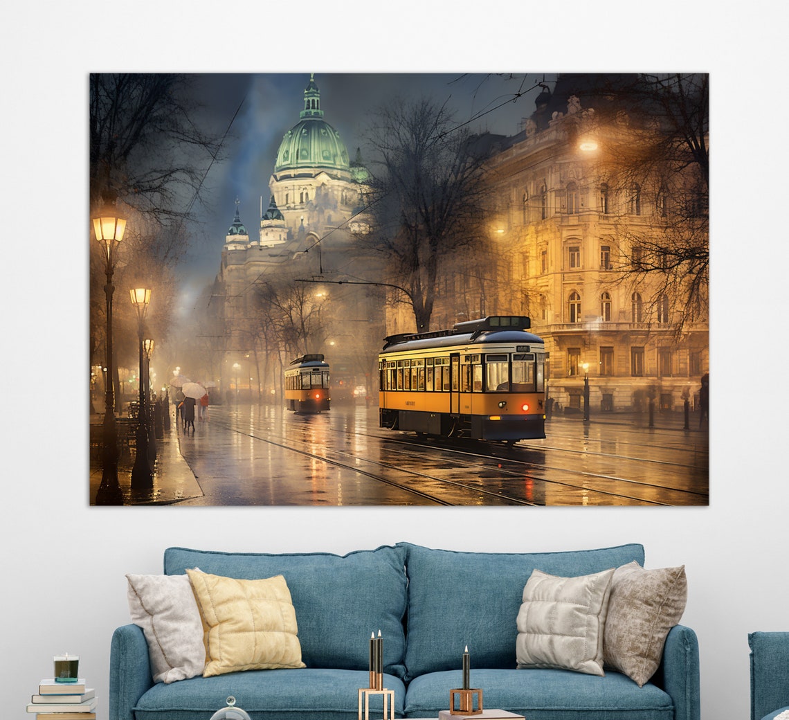 Misty Vienna Night Trams Rainy Street Domed Church Glow Travel Poster