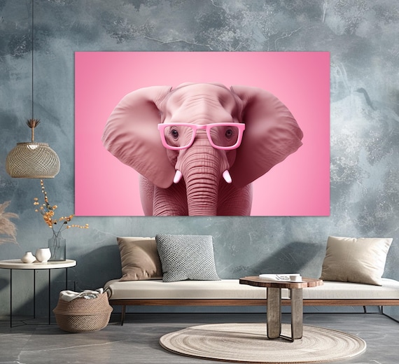 Cute Pink Elephant Glasses Nursery Print Playful Baby Animal Wall Poster