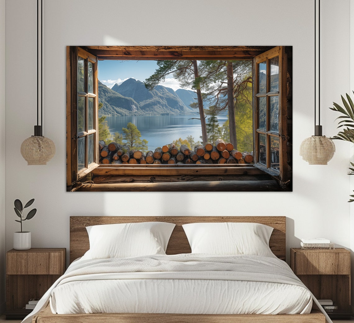 Open Window With Mountain Lake View Print Modern Wall Art Faux Window Art Scenic Lake View Print - Image 2