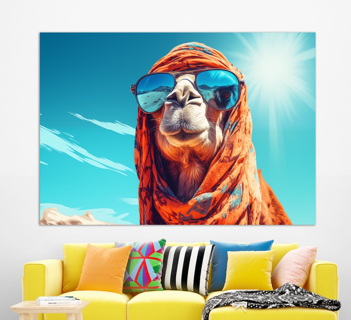 Funny Camel Wearing Sunglasses And Scarf Blue Desert Sky Wall Art