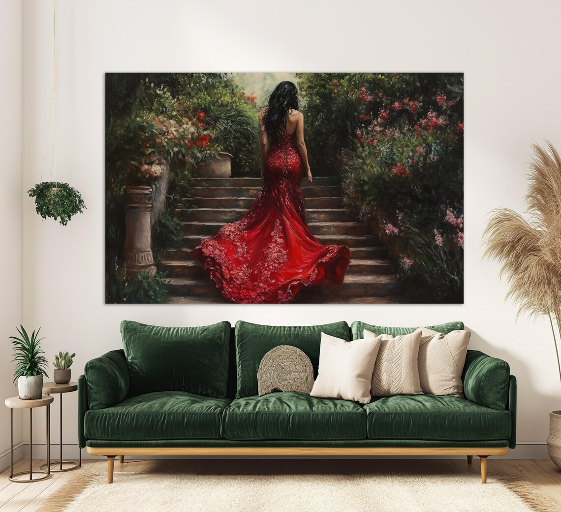 Lady In Red Dress In Garden, Portrait Art Print