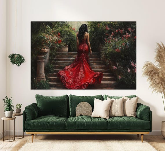 Lady In Red Dress In Garden, Portrait Art Print