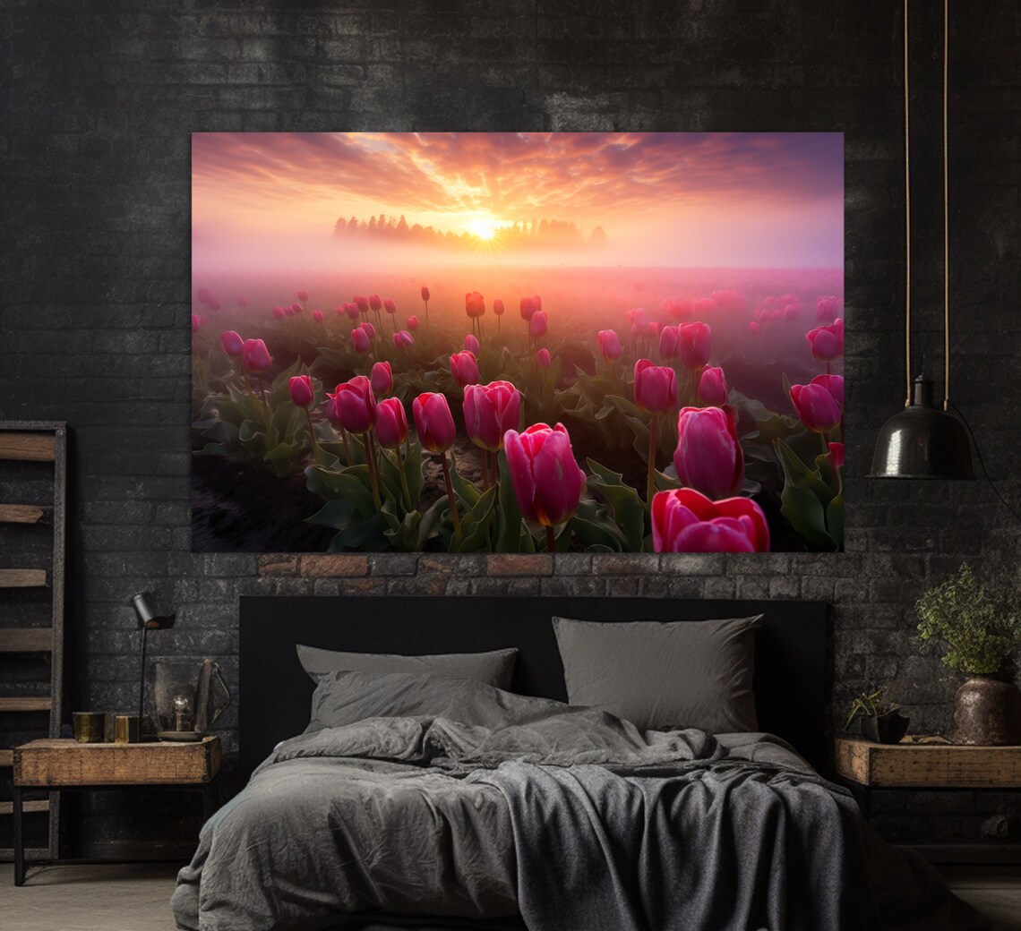 Pink Tulip Field At Misty Sunrise Blooming Flowers Nature Photo Poster
