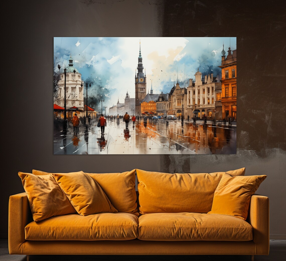 Warsaw Poland Rainy Old Town Street Watercolor Painting Travel Poster