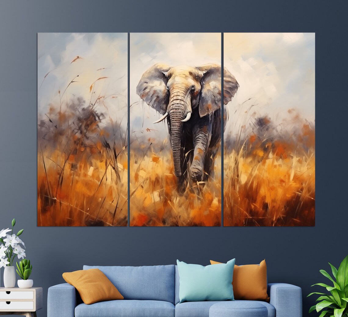 Majestic Elephant Golden Savanna Grass Oil Painting Wildlife Animal Poster - Image 2