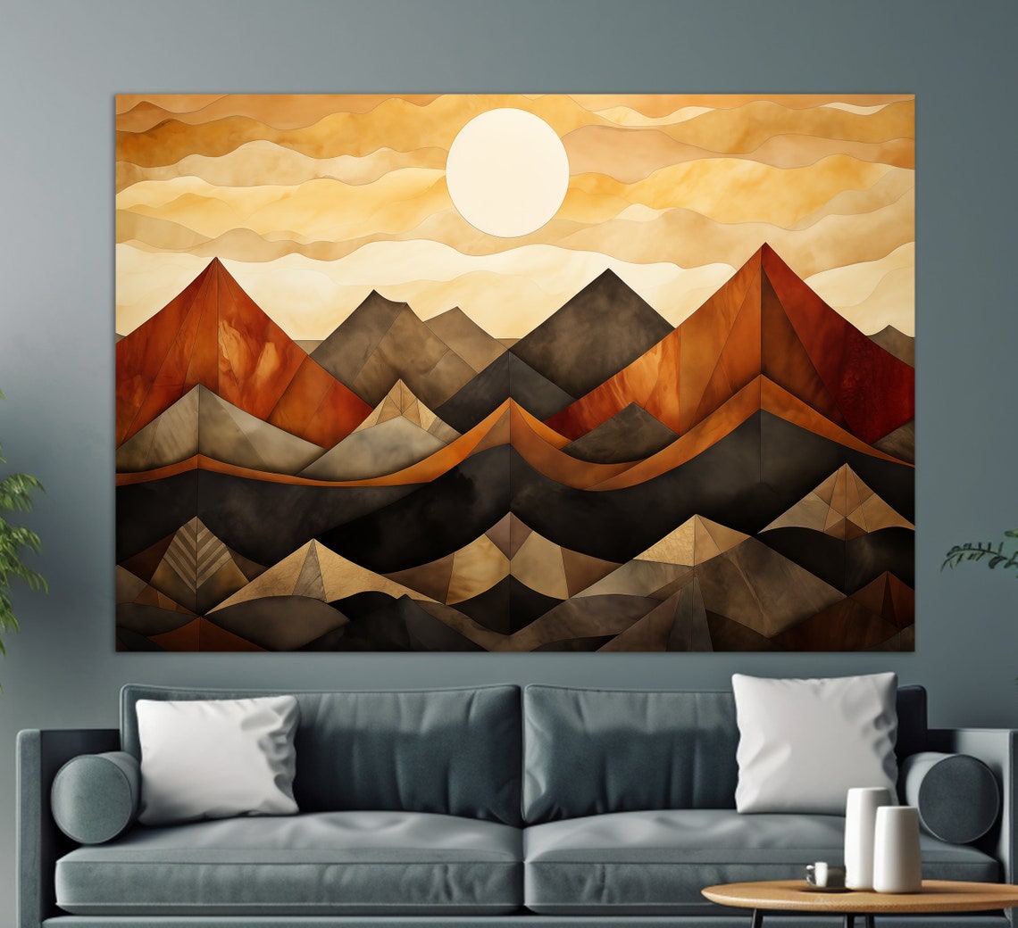 Boho Geometric Sun Over Mountains Warm Rust Abstract 5 Panel Wall Art - Image 2