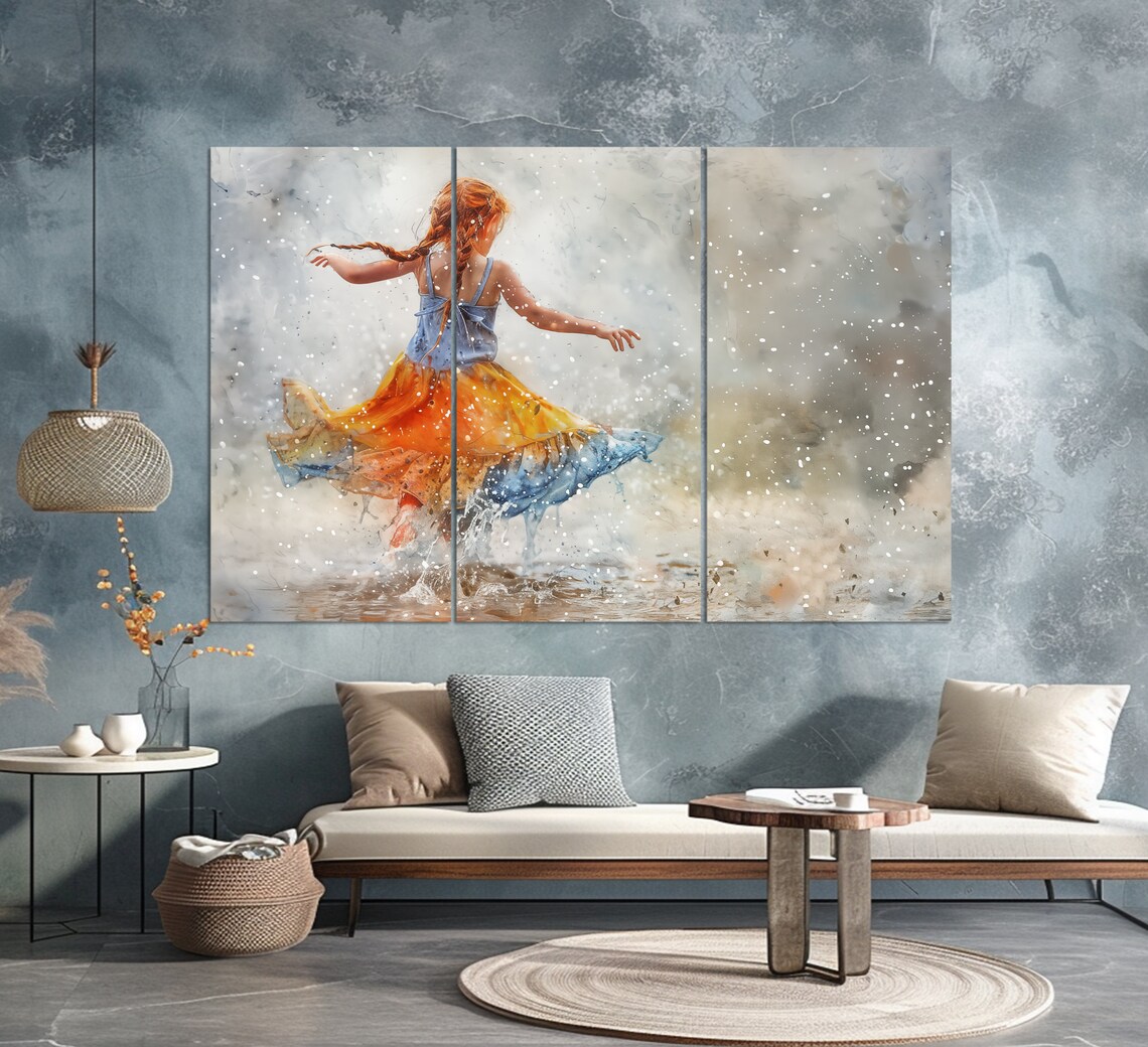 Dancing Little Girl Red Hair Braids Watercolor Painting Kids Room Poster - Image 2