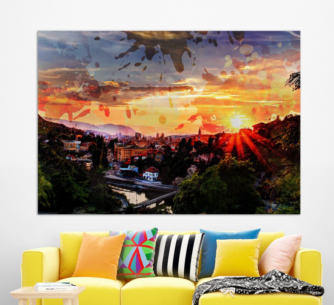 Sarajevo Sunset Sunburst Over River City Valley Panorama Travel Poster