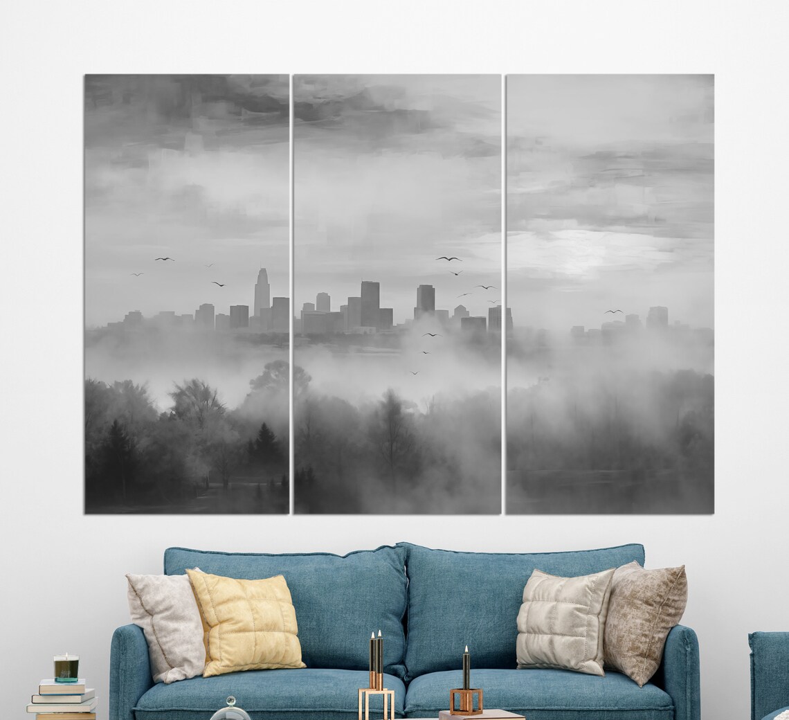 City Skyline Sunrise Misty Fog Abstract Autumn Trees Golden Sky Poster - Image 2