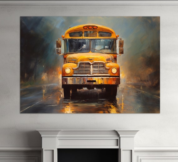 Retro School Bus Oil Painting Print Vintage School Wall Art School Bus Driver Gift