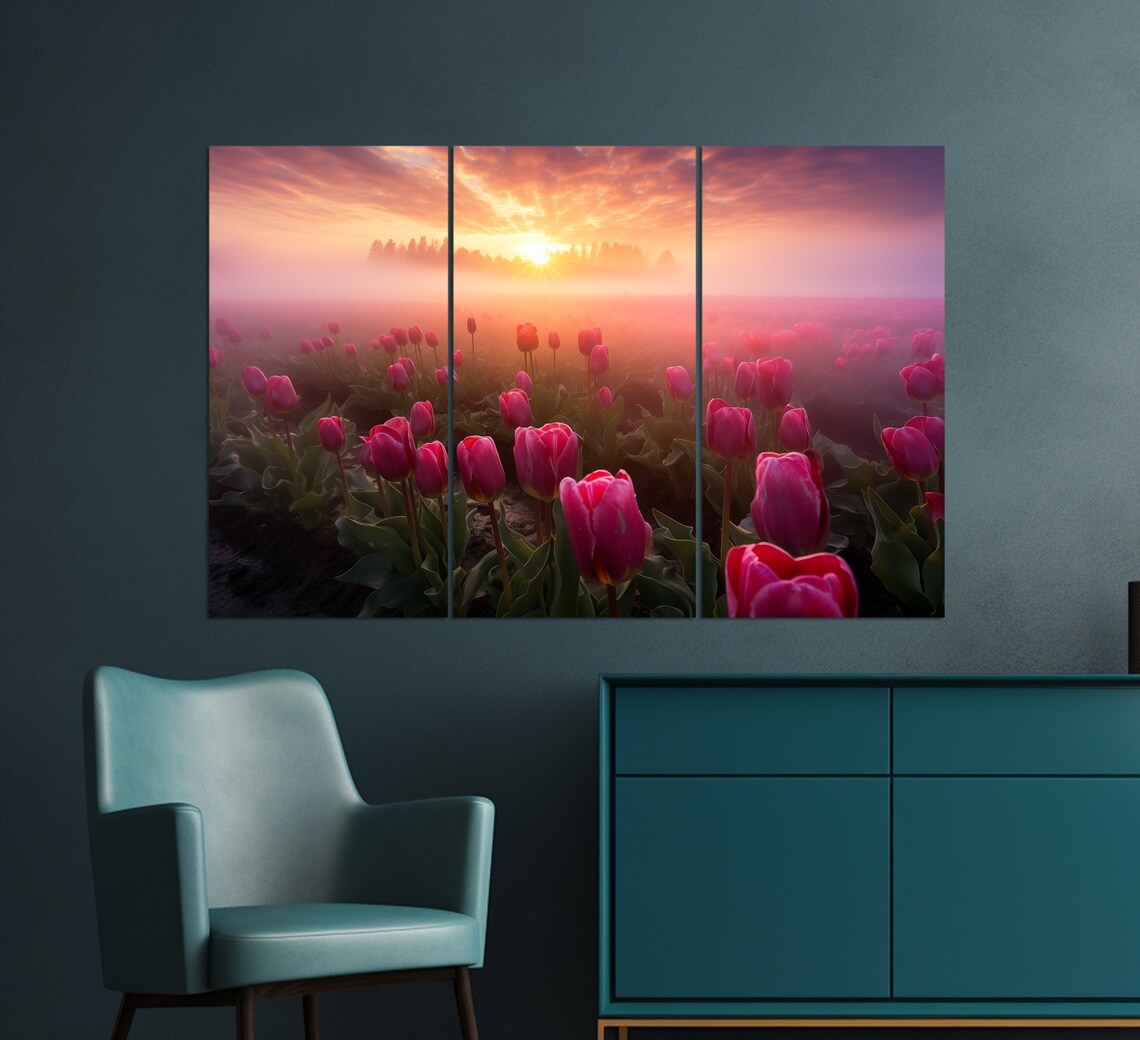 Pink Tulip Field At Misty Sunrise Blooming Flowers Nature Photo Poster - Image 2