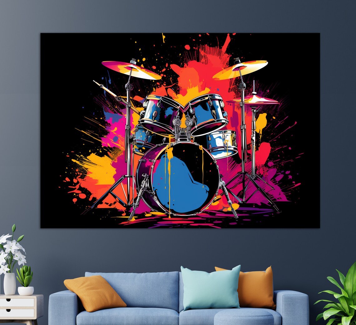 Neon Pop Art Drum Kit Colorful Paint Splash Black Background Music Poster