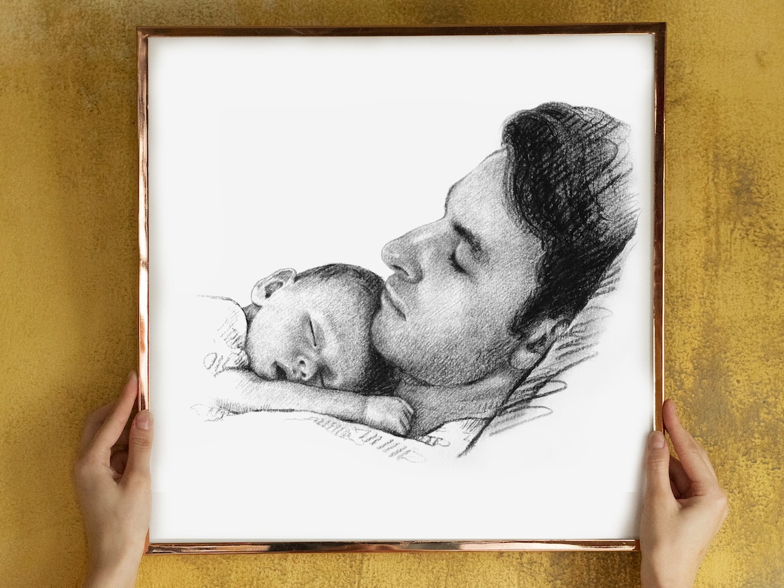 Father and Toddler Custom Pencil Portrait Sketch Art Print Gift - Image 2