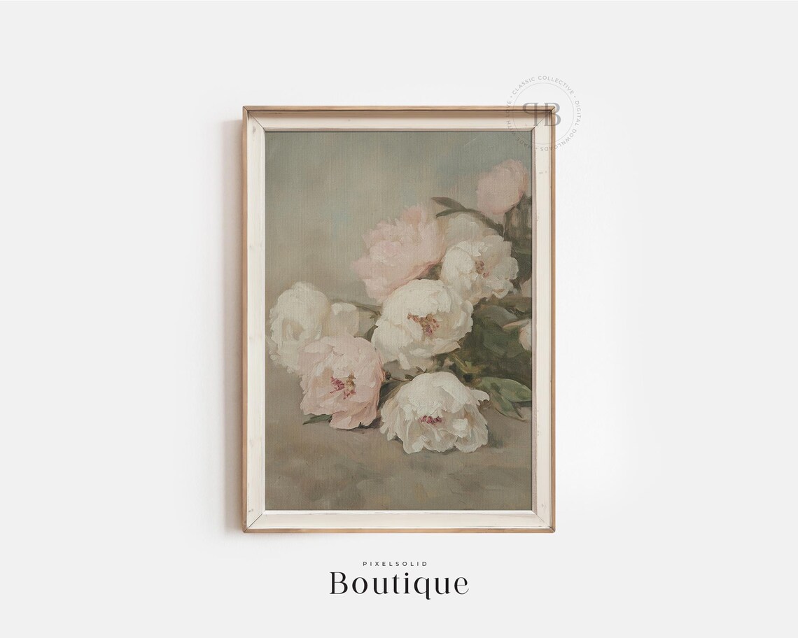 Blush and White Peony Bouquet Oil Painting Soft Vintage Floral Poster