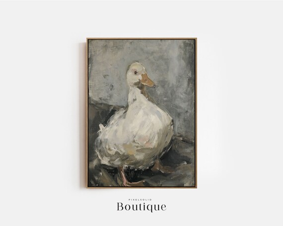White Duck Oil Painting Rustic Gray Farmhouse Bird Portrait Poster