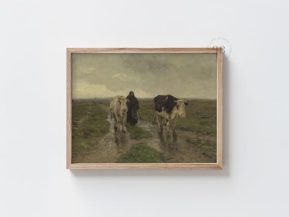Country Cow Herding Scene Rural Farm Life Oil Painting Moody Landscape Wall Art For Rustic Decor Vintage Style No842