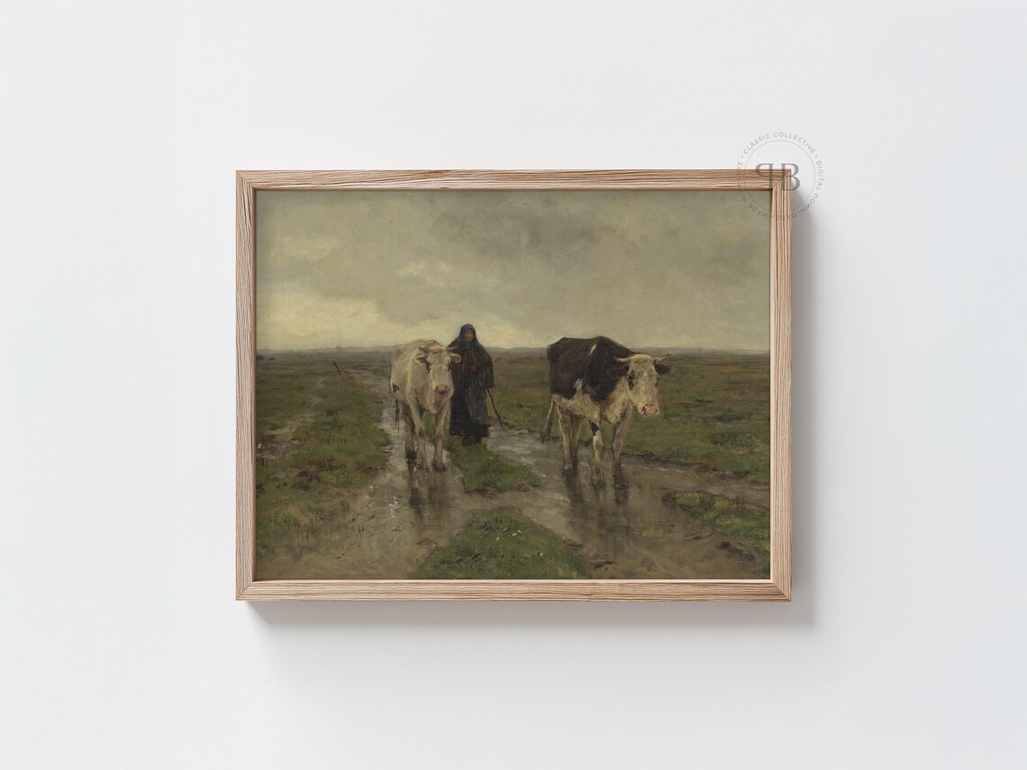 Country Cow Herding Woman Moody Farm Landscape Oil Painting Print