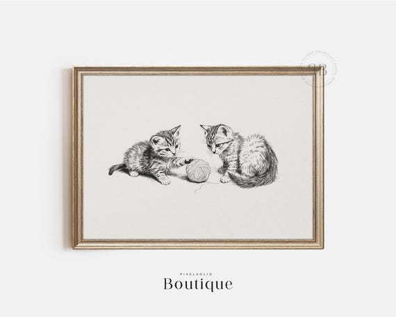 Kitten Pencil Sketch Wall Art Playful Cat Drawing Nursery Animal Decor Cats Vintage Style No712